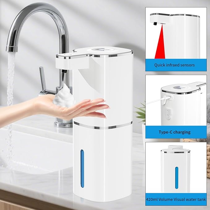 Automatic Soap Dispenser, Touchless Foam Hand Soap Dispenser, 4 Adjustable Gears, 1200mah Rechargeable, Large Display, Suitable for Kitchen, Bathroom, and School. (White, Foaming)