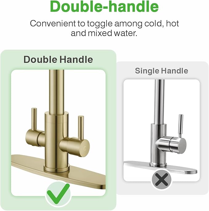 Kitchen Sink Faucet, 2 Handles Pull Down with Sprayer, Brushed Gold, PB1056