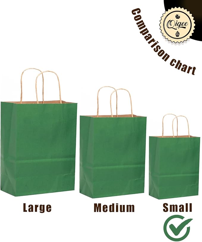 qiqee 32-Packs Deep Green Paper Gift Bags with Handles Bulk 8.26"×6"×3.15" Small Size Gift Bags Multiple Uses