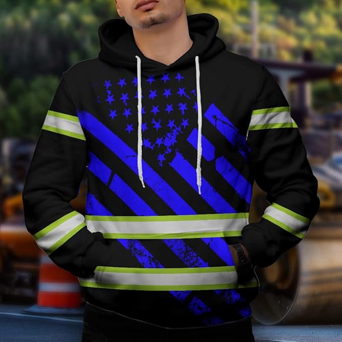 Color US Flag High Visibility Hoodie for Men Women Reflective Tapes Safety Workwear for Worker Runner Patriotic
