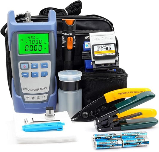 FTTH Fiber Optic Cold Connection Assembly Termination Tools Kit Bag with FC-6S Fiber Cleaver Visual Fault Locator SC FC Connector Optical Power Meter Finder Cable Tester Stripper Tool Dust Free Paper
