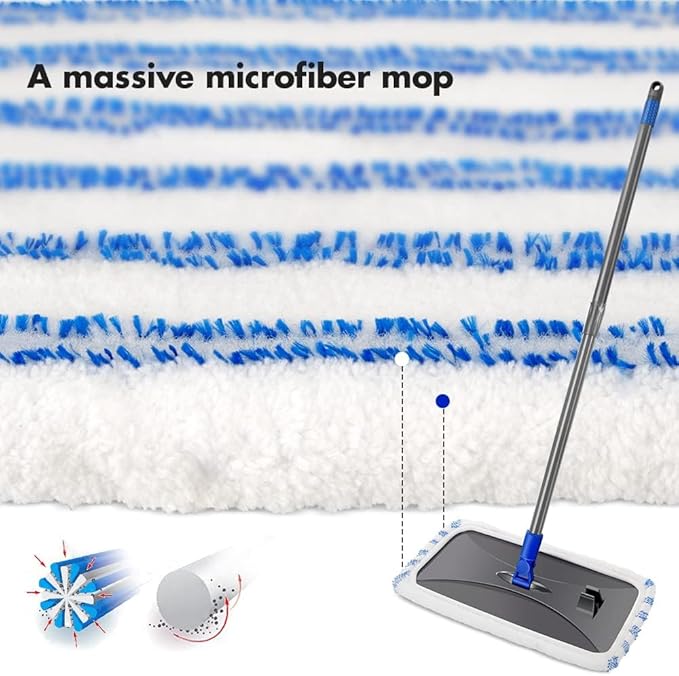 Masthome Extra Large Microfiber Mop for Floor Cleaning, 16“ Flat Mop with 5 Pad for Wet & Dry Use, Dust Mop for Hardwood Laminate Tile Ceramic, 1 Cleaning Scraper Included-Blue