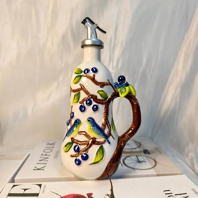 18 oz Hand-Painted Relief Ceramic Olive Oil Bottle Dispenser, with Handle Decorative Olive Oil Dispenser Bottle, for Kitchen Ceramic Oil Vinegar Bottle Seasoning Bottle with Stainless Steel Pour Spout