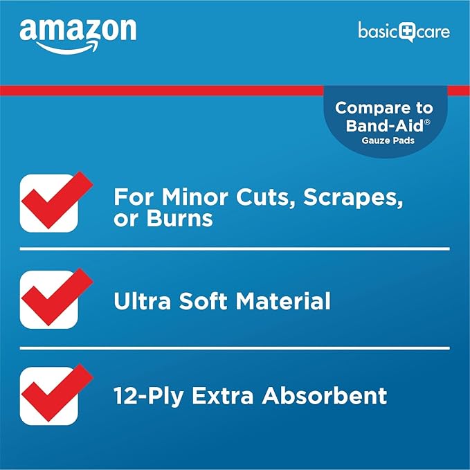 Amazon Basic Care Gauze Pads, 4x4 inches, Sterile, 50 Count | Pack of 4 | For Minor Injuries | Previously All Health
