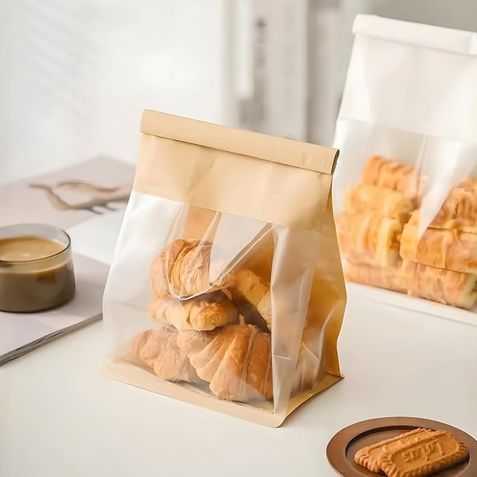 50 Pcs Bread Bags for Homemade Breads, 6.3 x 5.1 x 10.3 Inch Medium White Bakery Bags with Tin Tie, Cotton Paper Loaf Bag, Storage Packing Bag with Clear Window