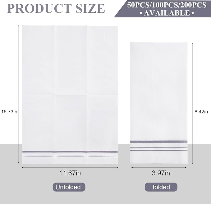 100 Disposable Paper Hand Towels for Bathroom, Linen Feel Guest Towels, Soft and Absorbent Paper Towels Napkins Bulk for Home Dinner Kitchen Wedding, 12" x 17"(Silver Trim Lined)