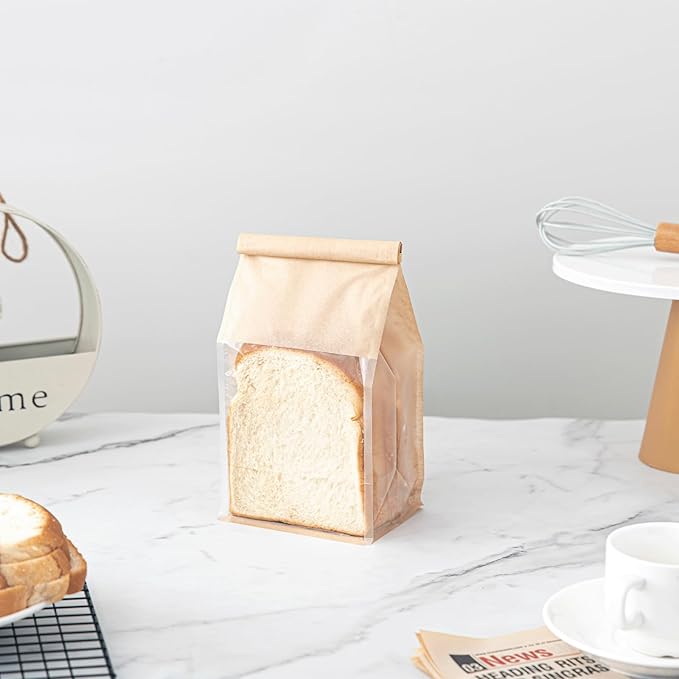 100 Pcs Bread Bags for Homemade Breads, 5.1 x 3.9 x 11 Inch Small Brown Bakery Bags with Tin Tie, Cotton Paper Loaf Bag, Storage Packing Bag with Clear Window