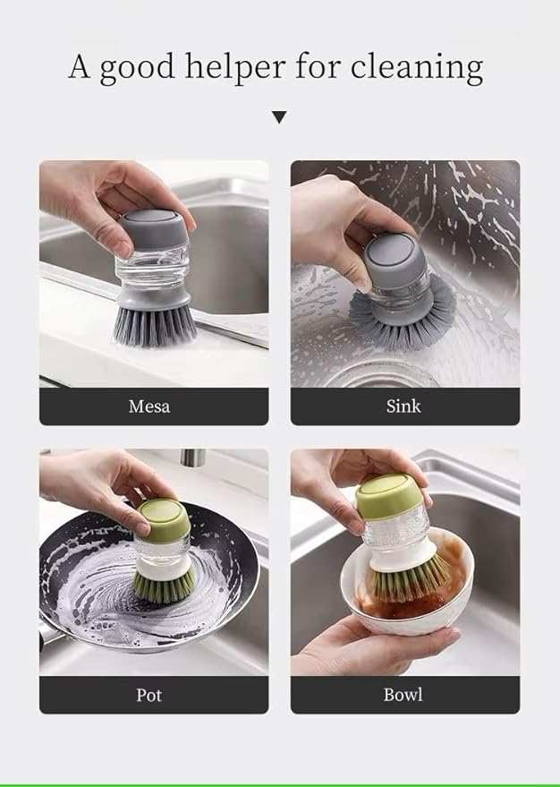 Soap Dispenser Palm Dish Brush with Storage Bracket – Drainage Base, Easy-to-Clean Kitchen Utensil Cleaner | Includes Extra Soft Bristle Brush Head (Gray)