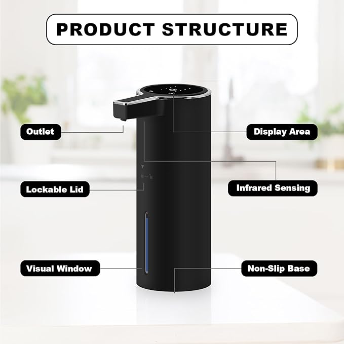 Automatic Soap Dispenser 13oz. Wall Mount Touchless 4 Gear Adjustable Electric Soap Dispenser USB Rechargeable with Infrared Motion Sensor for Bathroom Kitchen Office (Black Gel)