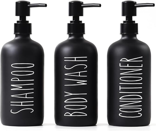 HOMCDALY Shampoo and Conditioner Dispenser Set of 3, 21oz Shower Soap Bottles with Pump, Refillable Shampoo Conditioner Body Wash Dispenser, Bathroom Shower Shampoo Bottles, shampoo container(P-Black)