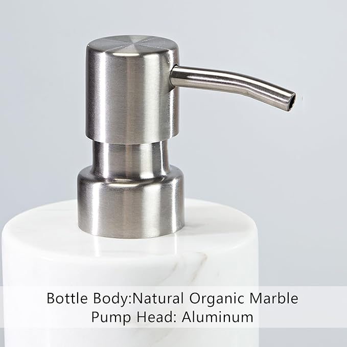White Marble Soap Dispenser, Cylindrical Reusable Hand Liquid Dispenser with Stainless Steel Pump, Natural Organic Stone Lotion Jar, Premium Bathroom Soap Dispenser for Kitchen, Bathroom, Laundry Room