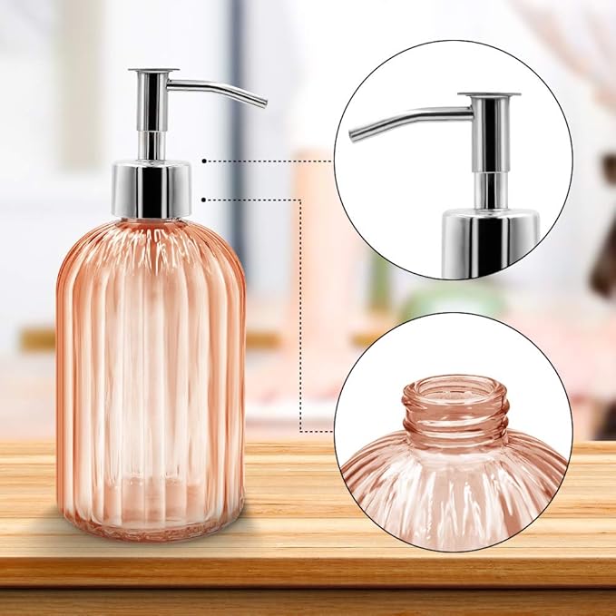 Pack of 2 Glass Soap Dispenser with Pump, 400 ml Liquid Soap Dispenser for Washing Up Liquid, Shampoo and Lotion, Refillable Soap Dispenser for Kitchen, Bathroom, Laundry Room (Amber)