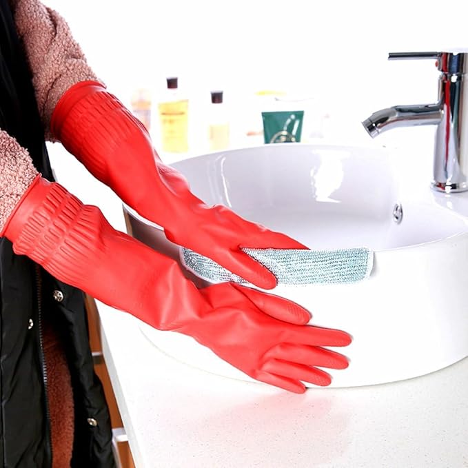 Rubber Cleaning Gloves Kitchen Dishwashing Glove 2-Pairs And Cleaning Cloth 2-Pack,Waterproof Reuseable.(Large)