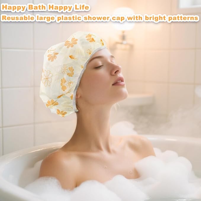 18Pcs Plastic Shower Caps for Women Waterproof Bath Caps Bathing Hair Cap Reusable Shower Caps for Shower,Spa,Salon,Housework,Girls,Home,Travel (Yellow-Flower)
