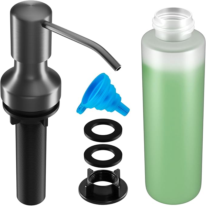Soap Dispenser for Kitchen Sink, Kitchen Sink Soap Dispenser with 17 OZ Bottle, Refill from The Top Bar, Longer Threaded Shaft Shank, Wide Pump Head Base (Gray)