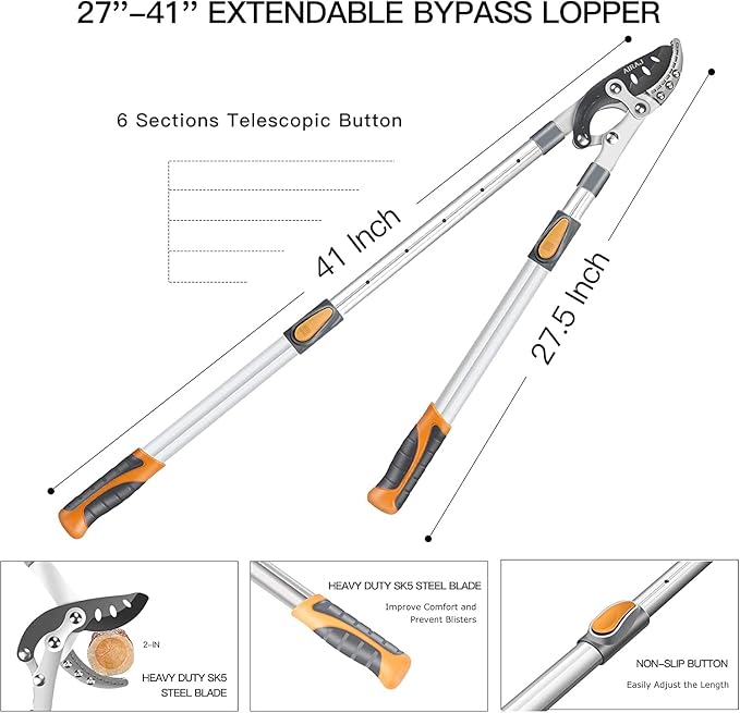 AIRAJ 27-41'' Extendable Anvil Loppers Heavy Duty with Compound Action, Tree Trimmer with 2 Inch Cutting Capacity, Chops Thick Branches Ease,Heavy Duty Tree Pruner with SK5 Spare Blade