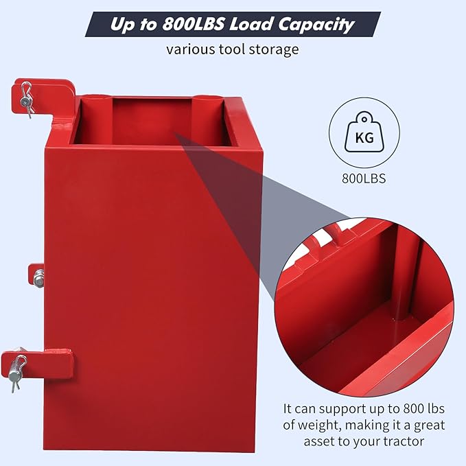 GAOMON 3 Point Ballast Box, 800lbs Capacity, Standard 2 inch Hitch Receiver, with 5cu.ft Volume, Heavy Duty Steel, Fits Category 1 Tractor Attachment, Red