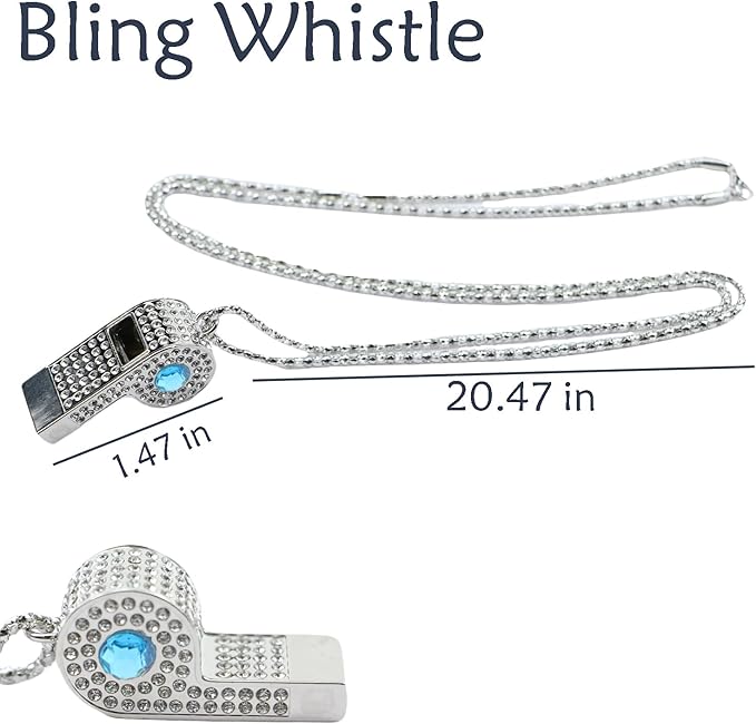 Bling Whistle Metal Rhinestone Lanyard Whistle Loud Sound with Chain for Coach,Referee,Emergency,Lifeguard,Teachers-Includes Gift Packaging(Sliver-Blue)