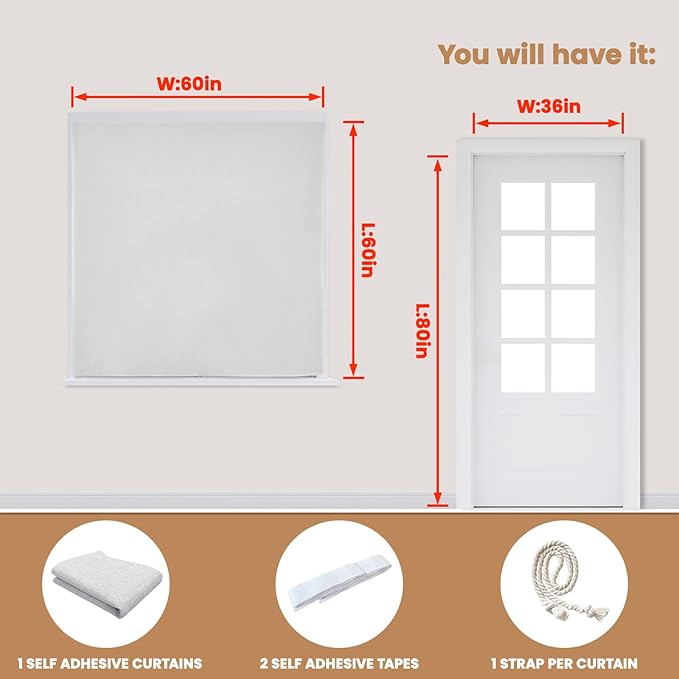 Adhesive Curtain,100% Blackout Shades,No Rod,Easy to Install,Provides Privacy Protection for Bedrooms (Grayish White - W60 × L60 in)