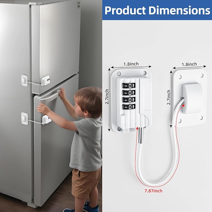 Refrigerator Lock, Heavy Duty Fridge Locks for Kids, Freezer Lock with Combination for Refrigerator Drawer Cabinet Safety, Easy to Install No Keys Needed White, 2 Packs
