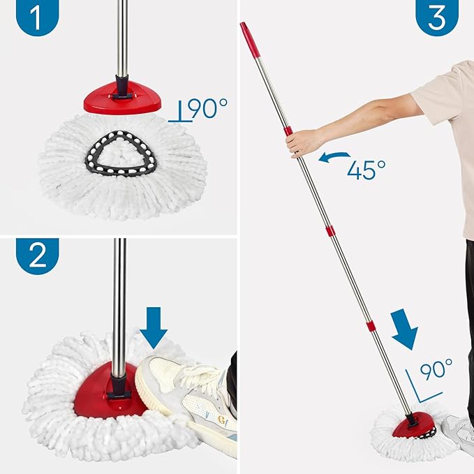 Matthew Spin Mop Replace Head Kit,Base,Handle Compatible with EasyWring Microfiber Spin Mop,4 Mop Refills Replacement Heads,30-58in Mop Handle and 1 Mop Base Combo Set White (1-Tank System)