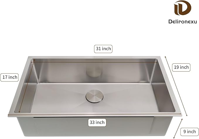 33 Inch Undermount Kitchen Sink – Delironexu 16 Gauge Stainless Steel Sink, Single Bowl Kitchen Sinks Undermount, 33x19 kitchen sink with Bottom Grid, Drain & Towel
