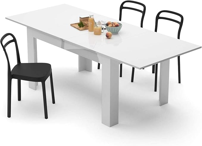 Mobili Fiver, Easy, Extendable Dining Table, 55.1(86.6) x35.4 in, High Gloss White, Made in Italy