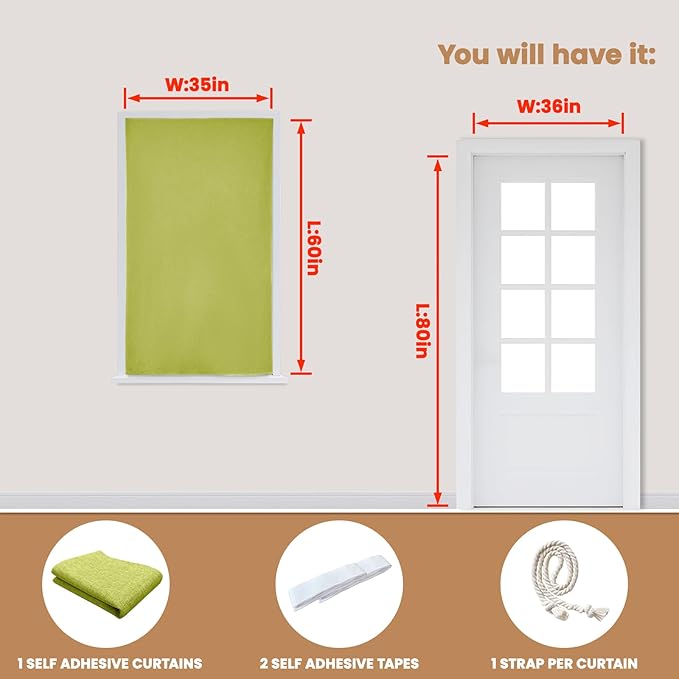 100% Blackout Curtain,Adhesive Curtain,Black Out Window Cover No Drilling Travel Kit,Perfect for Media Rooms, Dormitories and Renters (Fruit Green - W35 × L60 in)