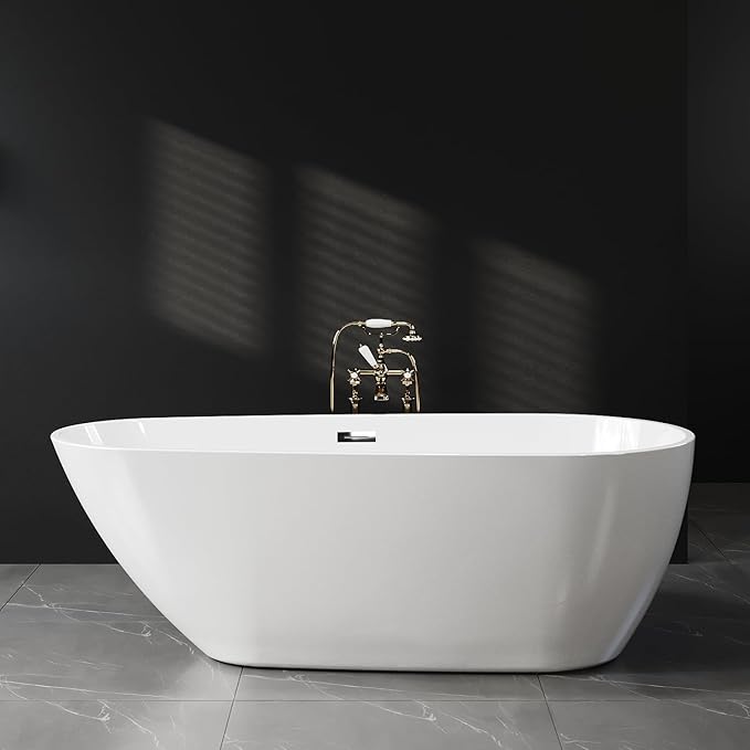 Acrylic Freestanding Bathtub 67 Inch Soaking Tub, Deep White Oval Pearl-Shape, Modern Stand Alone Bathtub with Non-Slip Base, Chrome Overflow & Pop-Up Drain, Easy Assembly, for Bathroom, Home, Spa