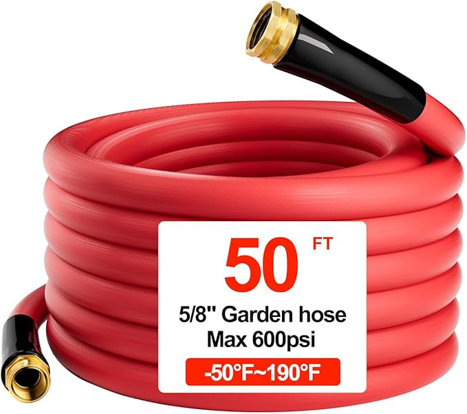 Hot/Cold Heavy Duty Water Garden Hose -50℉ to 190℉, Water Garden Hose 50 ft x 5/8'', 600Psi & Lightweight & Flexible Rubber Hose with 3/4'' Brass fittings for Outdoor, Yard, RV