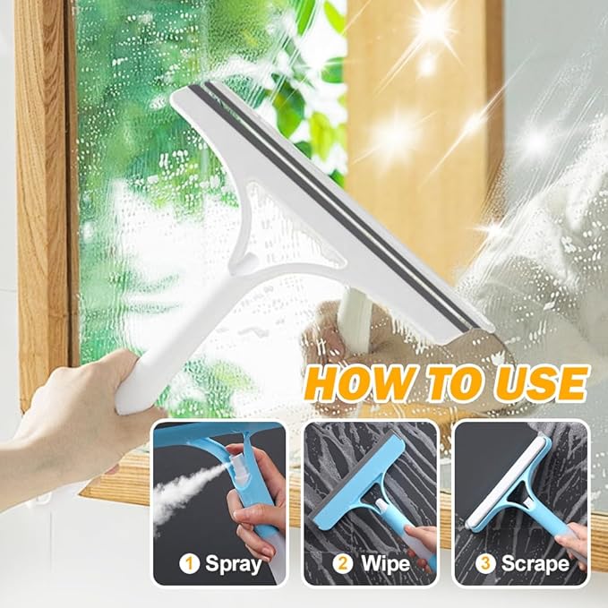 3 in 1 Window Cleaning Scraper, 2025 New Squeegee for Shower Glass, 3 in 1 Spray Function for Glass Doors for Windows Glass, Mirrors Scraper, Brush. All-Purpose Window Cleaner Tool (Blue)