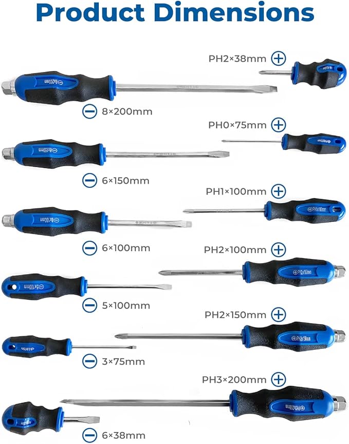 ROTATION Magnetic Screwdriver Set 12 PCS with Nichrome tips, 6 Phillips and 6 Flat Head Screwdrivers, half with Go-Thru Steel Blades, High Torque for Fastening and Loosening (Silver Tip_Gloss Blade)
