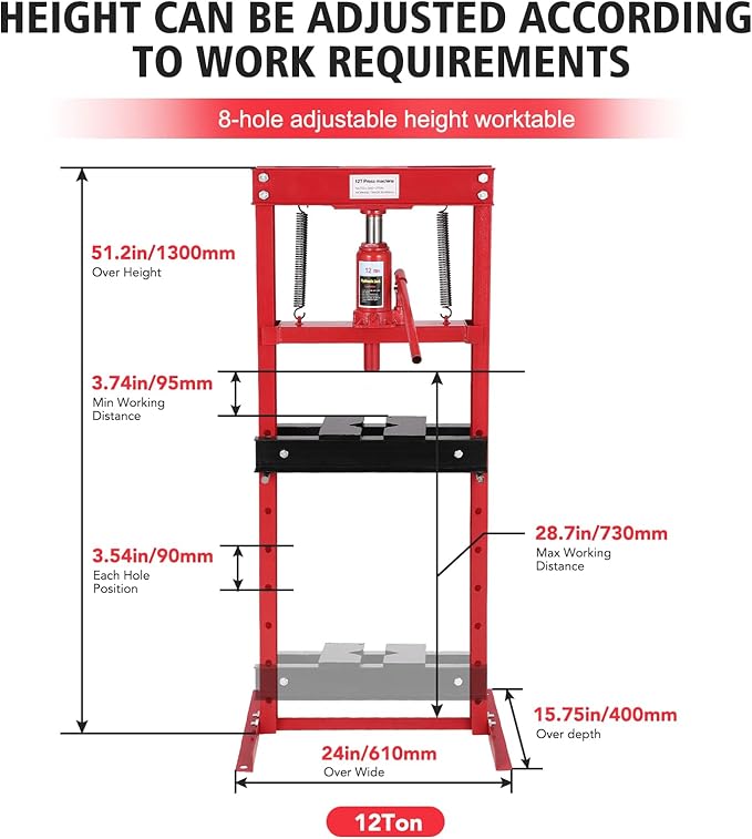 12 Ton Hydraulic Shop Press, H-Frame Garage Floor Adjustable Shop Bearing Press with Stamping Plates to Bend, Straighten, Or Press Parts, Install Bearings & U-Joints