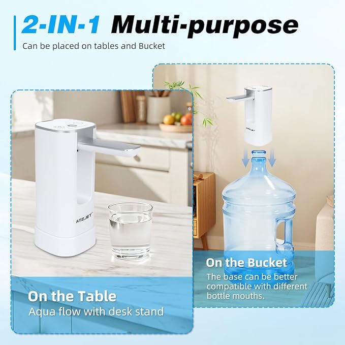 Water Dispenser for 5 Gallon Bottle with Digital Display, 4 Dispense Modes, Portable USB Charging Electric Water Pump, Foldable Spout, Food-Grade Water Jug Pump for Home, Office, RV, Campin(White)