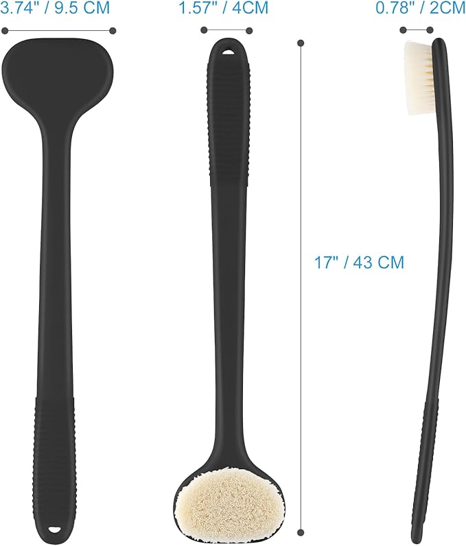 VANZAVANZU Back Scrubber for Shower, Bath Brush with 17-Inch Long Anti-Slip Handle, Wet and Dry Brushing Body Brush for Body Cleansing, Back Brush for Men and Women (Jet Black)
