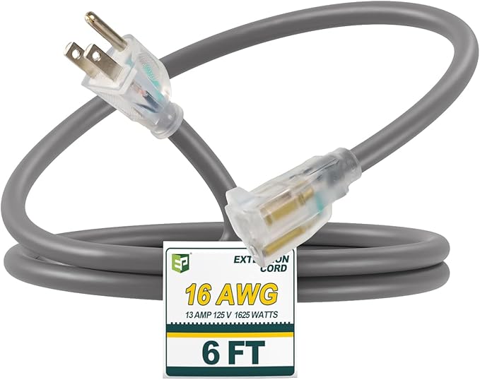 EP 6 Ft 16/3 SJEOW Heavy Duty Extension Cord, Grey Power Cable with LED Lighted Plug & 3-Prong Grounded Plug, Water-Resistant for Indoor/Outdoor Use, Lawn, Garden, Appliances & Tools