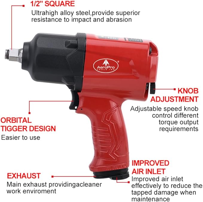 AEROPRO TOOLS 1/2-Inch Aluminum Air Impact Wrench(A398),Twin Hammer with 1380FT-LB Max Loosening Torque, Pneumatic Impact Gun, for Auto Repair, Tire Shop (1380 ft-lbs | Air Impact Wrench + Socket)