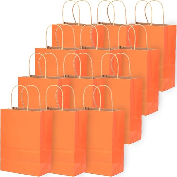 qiqee 32Pcs Small Size Orange Kraft Paper GIft Bags with Handles - 8.3"x6"x3.15" Kraft Small Party Bags