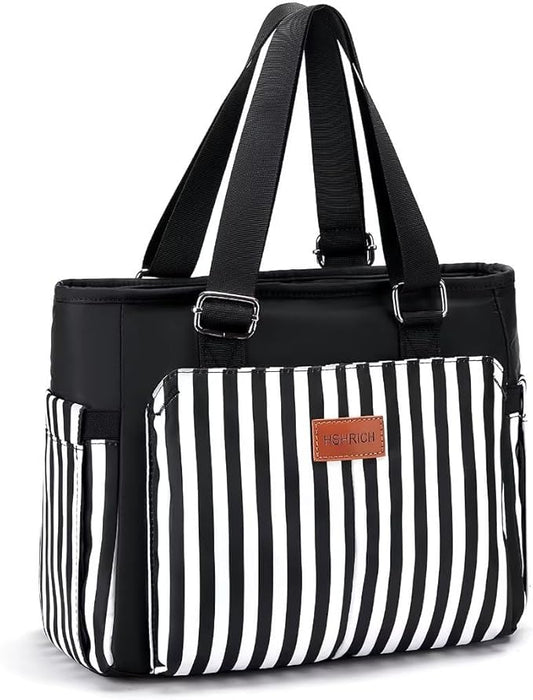 Large Women Lunch Bags for Work/Insulated Adult Lunch Box for Women. Reusable Lunch Cooler Purse for Work Picnic Hiking 14L, Black Stripes