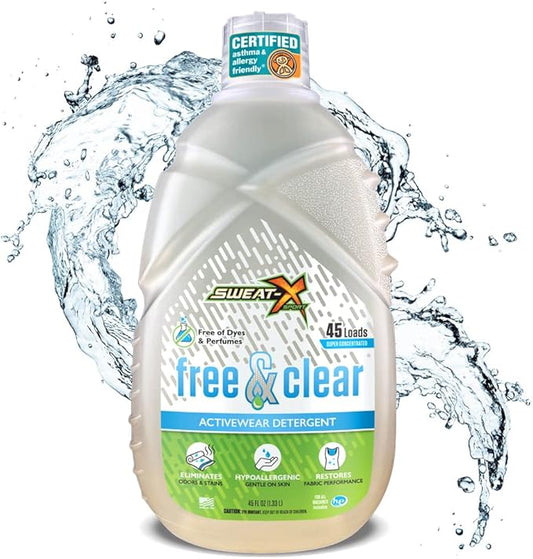 Sweat X Free & Clear Activewear Laundry Detergent – Certified Asthma & Allergy Friendly® – Hypoallergenic – Remove the Worst Odors & Toughest Stains – High-Performance Sports Wash – 45 Loads – 1 Pack