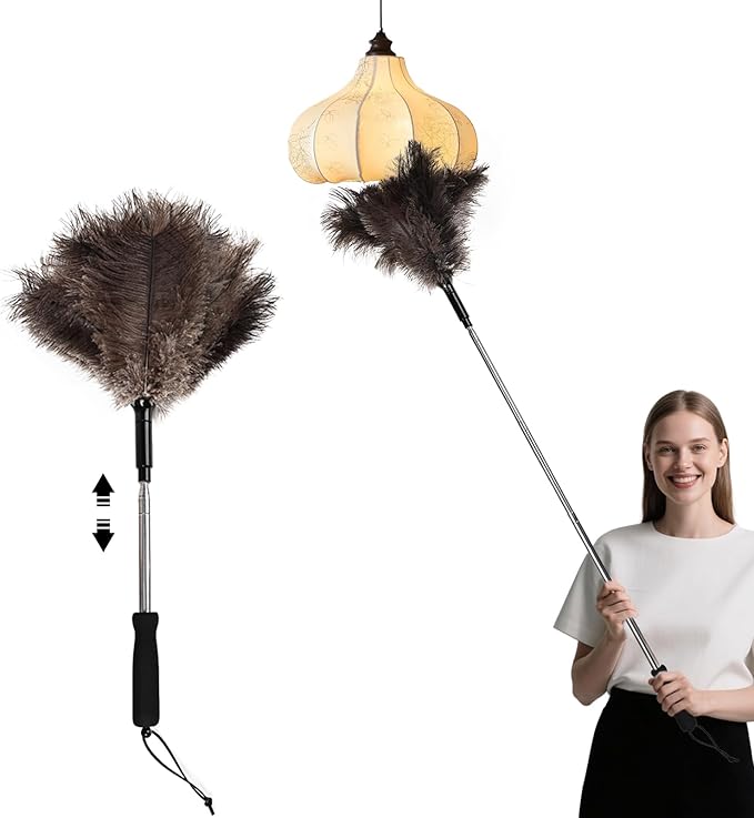 Telescopic Ostrich Feather Duster, 59-inch Naturally Fluffy Long-Handled Feather Duster, Soft, Durable and Reusable for Cleaning high Ceilings, Walls, Fans, Furniture and Blinds in The Home Office