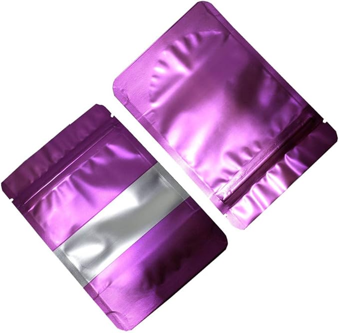 100 Pieces Mylar Bags with Window Zipper Lock Stand Up Aluminum Foil Bag for Zip Food Storage Lock Packaging Bag Reusable (3.5x5.1 inch, Purple)