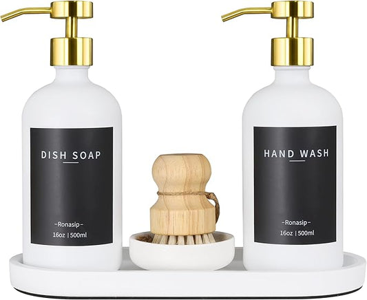 Set of 5 Kitchen Soap Dispenser Set 16 Oz Glass Hand Dish Soap Dispenser with Stainless Steel Pump, Cement Tray, Dish Scrub Brush for Farmhouse Rustic Home Bathroom Decor (White)