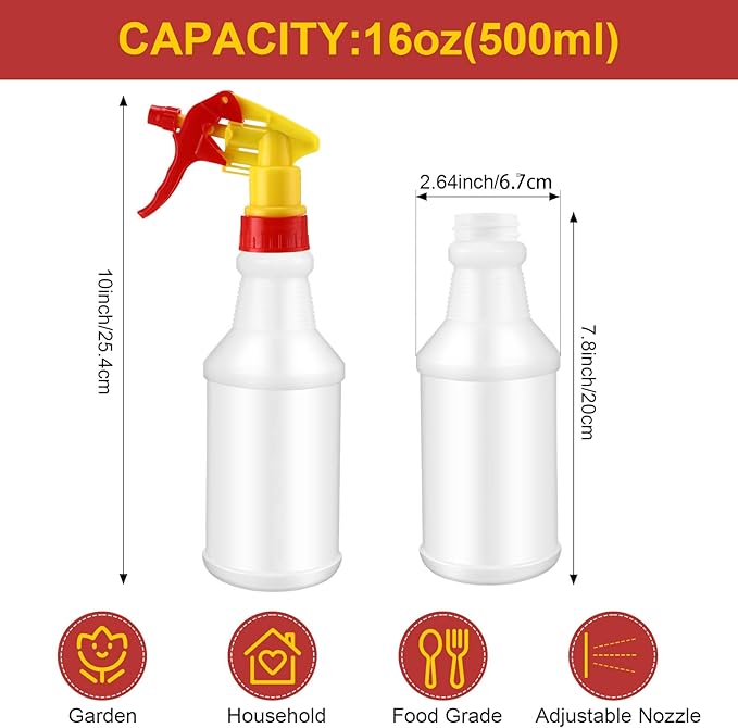 Eccliy 12 Pcs 16 Oz Plastic Spray Bottle, Adjustable Empty Reusable Sprayer for Cleaning, Planting, Water, Bathroom and Kitchen, BBQ, Commercial and Residential(Red & Yellow,Original)