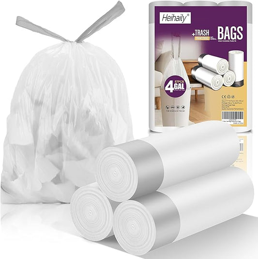 4 Gallon White Trash Bags Drawstring - 3-4 Gal Small Garbage Bags For Bathroom 57 Count 15 Liter Plastic Unscented Mini Size Waste Basket Liners Kitchen Office Car Strong Thick Bulk Heihaily