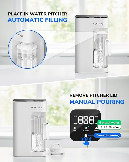 Ecoviva Mate 3 Countertop Reverse Osmosis Water Filter, 8-Stage RO Water Filtration System with 40oz Water Purifier for Home, 3:1 Pure to Drain, Auto Water-Filling, NSF Certified, White