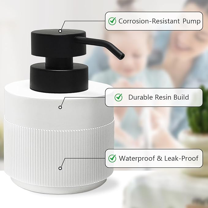 Resin Soap Dispenser for Bathroom, Hand Lotion Liquid Dispenser Easy-to-Press with Reusable Plastic Pump for Shampoo Bathroom Kitchen Countertop Anti-Slip Rust-Proof 12.5 oz White
