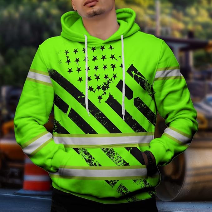 Color US Flag High Visibility Hoodie for Men Women Reflective Tapes Safety Workwear for Worker Runner Patriotic