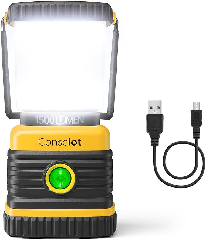 LED Camping Lantern, Consciot C02 USB-C Rechargeable Camping Lights, 1500LM, 5 Light Modes, Up to 100H Run Time, IPX4 Waterproof, Dimmable Tent Lights for Power Outages