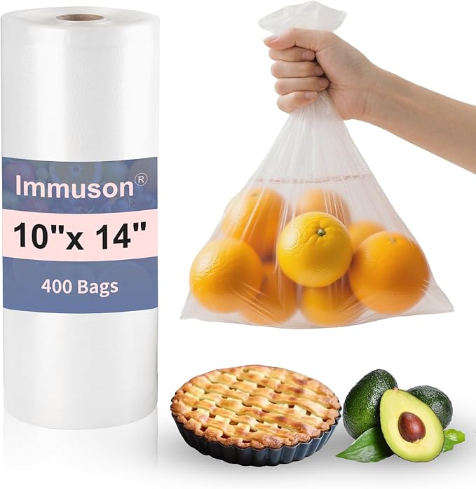 Immuson Plastic Produce Bag 10"x 14" Clear Plastic Food Storage Bags for Kitchen, Fruits, Vegetables, Travel Packing and Storage Needs (1 Roll = 400 Bags)